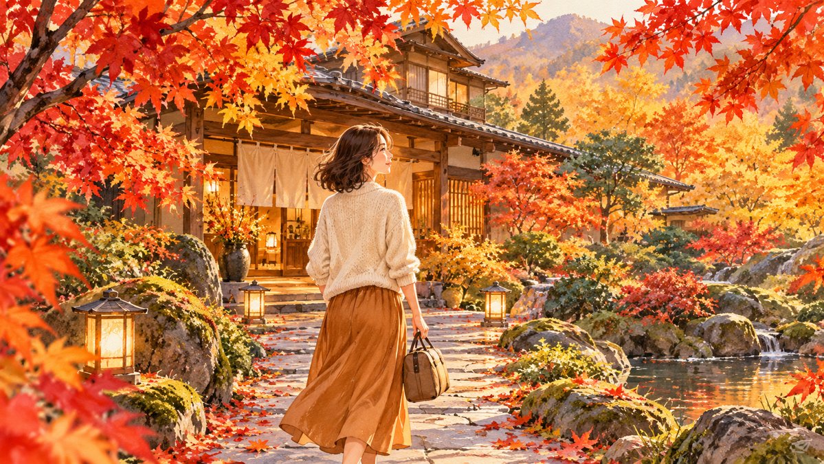 赤や黄色のもみじに囲まれた宿へ向かう大人の女性のイラスト
