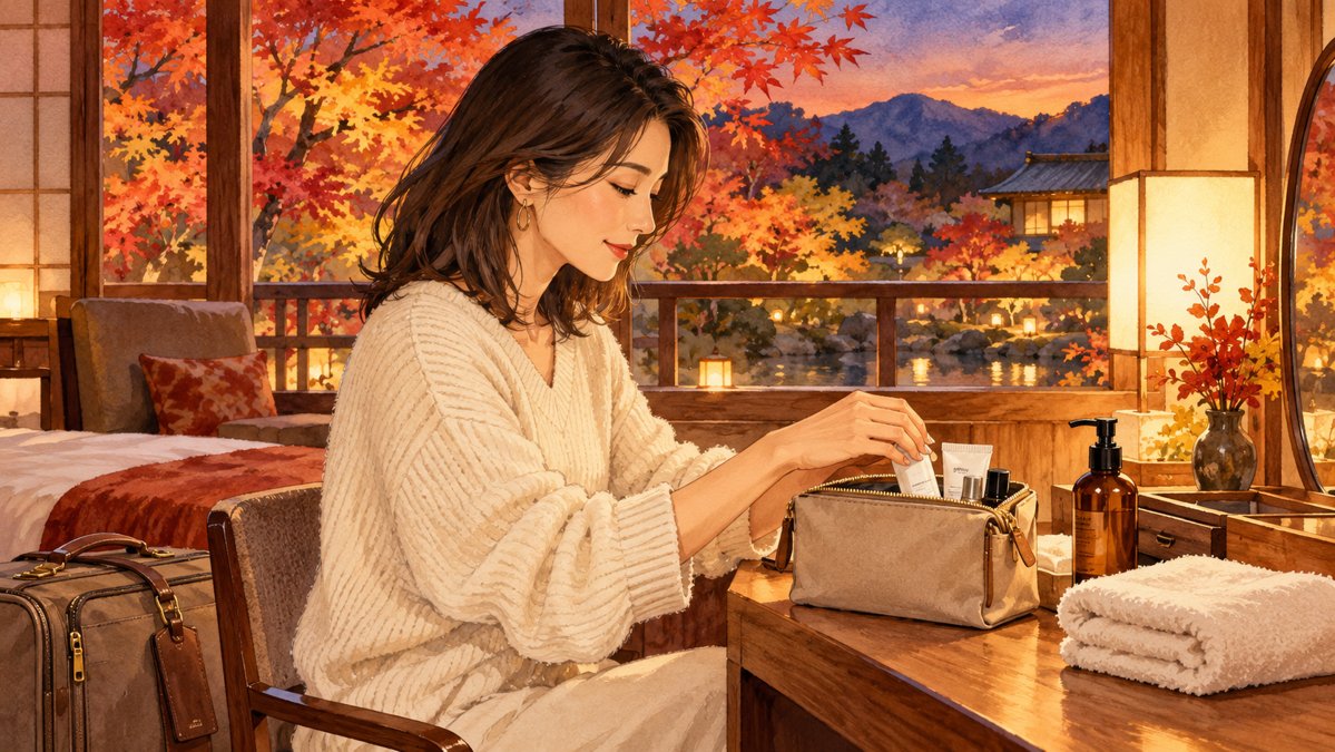 紅葉が見える宿の部屋でケア用品をポーチに整える大人の女性のイラスト